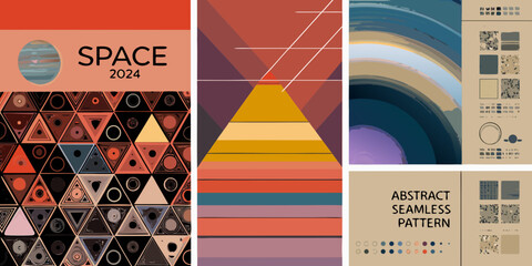 Colorful abstract geometric patterns and space themed design elements collage