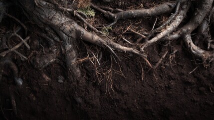 Fototapeta premium A close-up of a tree's roots emerging from the ground, with a dark, earthy color palette and a focus on the intricate network of roots and soil.