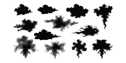 A collection of black smoke, ink, and explosion silhouettes on a white background for design
