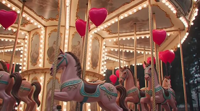 Vibrant evening scene of heart-shaped decorated merry-go-round with people
