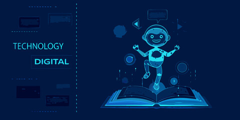 Digital learning with a robotic character and open book illustration