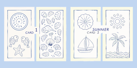 Four illustrated cards with summer themed doodles in a blue palette
