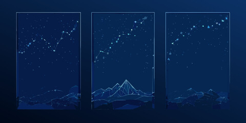 A triptych depicting a night sky with constellations over mountains