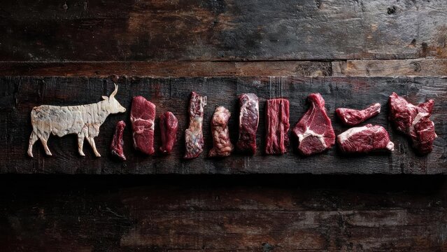 Row of raw beef cuts lined up on a dark wooden board, with a cow-shaped cutout on the left. Concept Raw beef cuts on a rustic block, Cow silhouette on the left, Dark wooden backdrop