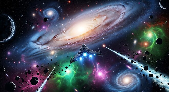 Futuristic spaceship journeying through a vibrant with colorful, and galactic galaxy.