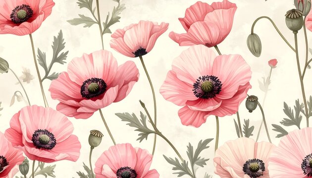 Pink poppies bloom, digitally painted with green foliage on a muted backdrop