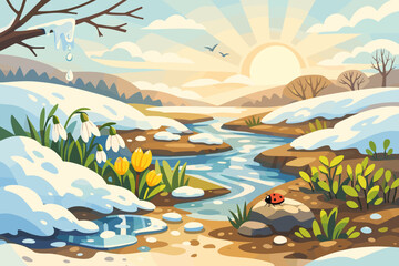 Fototapeta premium Early Spring Landscape with Melting Snow, River and First Flowers
