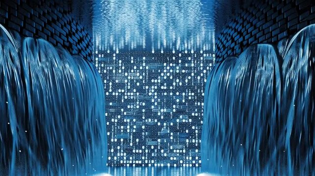 Water flows down digitally illuminated walls into a pool at night.
