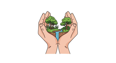 Illustration of cupped hands cradling a green earth with trees, water, and a natural landscape, symbolizing nature conservation and environmental protection for International Natural Day.