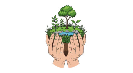 Illustration of hands cradling a green earth with trees, flowers, and grass, symbolizing nature conservation and environmental protection for International Natural Day.