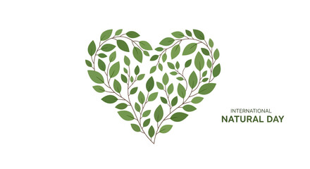 International Natural Day vector illustration of a green heart made of leaves on a white background, promoting nature conservation and environmental protection.