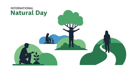 Illustration of people engaging in eco-friendly activities on International Natural Day, promoting nature conservation and environmental protection with a green earth and natural landscape.