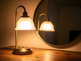 Obraz premium Elegant table lamp and mirror reflection with warm lighting