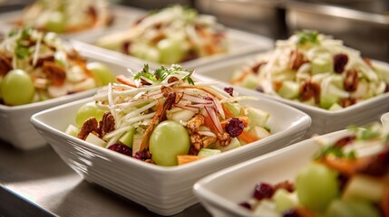 Waldorf salad styled for catering setup, clean organized presentation