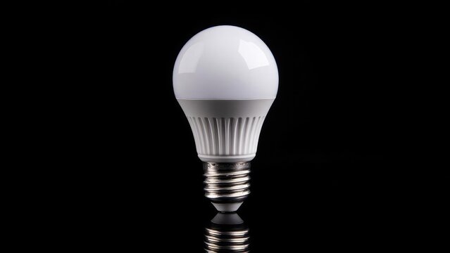A white LED light bulb with a screw base standing upright on a glossy black surface. Concept Minimalist still life, White LED bulb, Upright screw-base, Glossy black surface, Reflections and contrast
