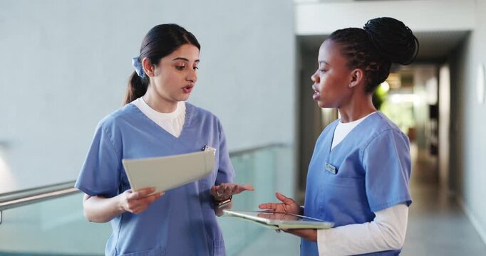 Nurse team, paperwork and discussion with stress, explanation or tablet for medical fail in hospital. Frustrated, healthcare worker and people with folder mistake, error or tech for document problem.