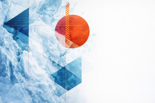 Abstract conceptual composition combining arctic ice textures with geometric shapes, grid overlays and a bold red circular element, symbolizing climate change, global warming, data analysis and enviro