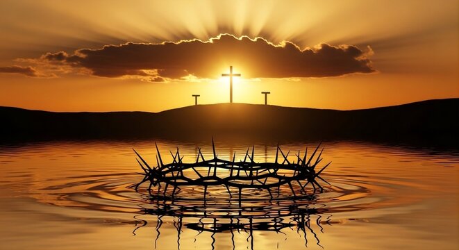Dramatic Easter religious composition with crown of thorns floating on water and silhouette of three crosses on hill at sunset. Christian concept of Jesus Christ redemption, sacrifice and resurrection