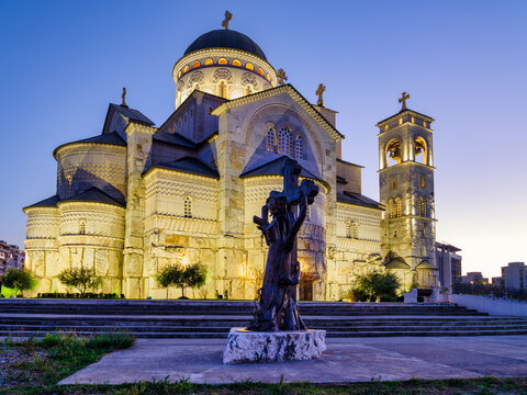 Illuminated Cathedral of the Resurrection of Christ with Sculpture
