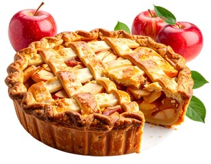 A freshly baked dessert with a golden lattice crust, a cut revealing apple filling, surrounded by ripe red fruit and green foliage