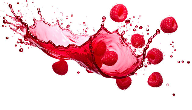 A vibrant splash of crimson liquid, surrounded by floating ripe, red raspberries against black