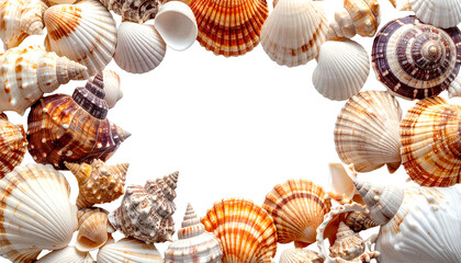 Obraz premium Varied seashells frame a black void, creating a coastal, natural border