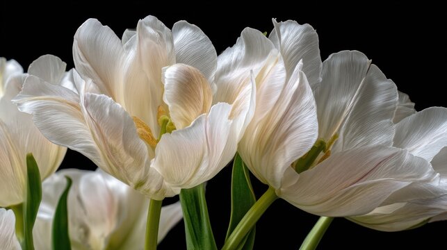 White tulips with green stems and leaves, against a black background.