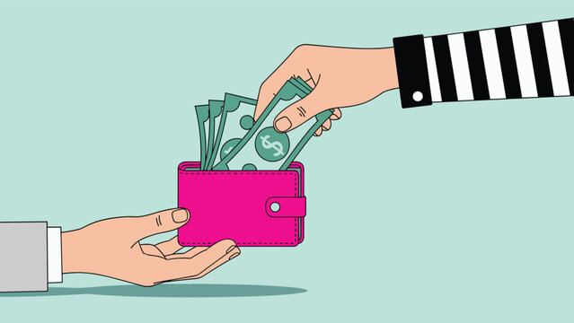 Hand taking dollar bills from pink wallet held by another person representing theft, financial loss, and unauthorized money transfer.