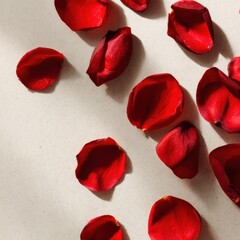Top view of vibrant red rose petals scattered on a light beige textured stone background, romantic and elegant concept.