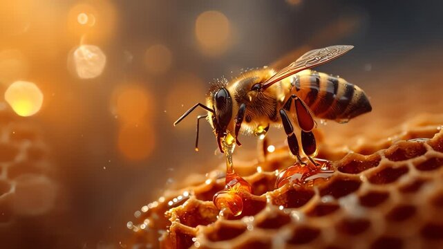 Close-up of Honey Bee Collecting Nectar on Golden Honeycomb