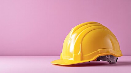 Fototapeta premium A bright yellow construction hard hat resting on a pink surface with a pink backdrop. Concept Yellow hard hat, Pink surface, Pink backdrop, Construction safety gear, Color contrast