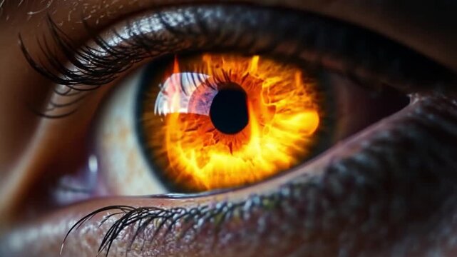 Eye close-up showing fiery colors and patterns in detail during a creative art project