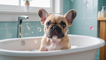 Cute dog taking a bath with bubbles in a bathtub near a window in a bright room