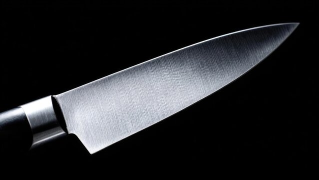 Close-up of a sharp kitchen knife blade with a brushed steel finish against a black background Concept Knife blade close-up, brushed steel texture, sharp edge, black background, reflective metal