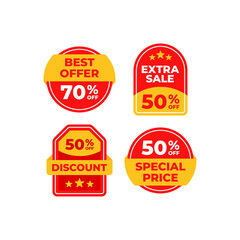 Four different red and yellow sale discount stickers.