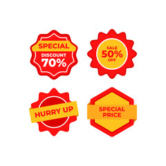 Four colorful discount sales stickers with different promotions.