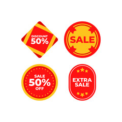 Four colorful sale stickers with different discount deals.