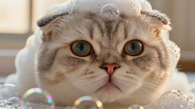 Cat with bubbles during bath time at home in the afternoon sunlight
