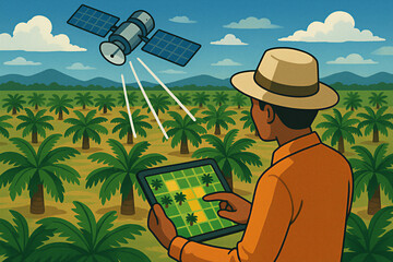 Farmer scanning palm plantation via satellite tablet on sunny day