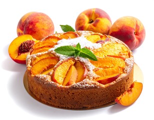 A freshly baked round dessert topped with sliced orange fruits and powdered sugar, surrounded by whole fruits and a green leaf