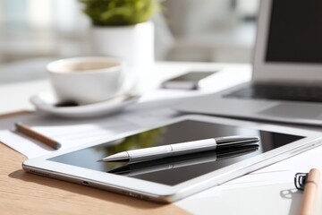 Stylish Tablet with Stylus on Wooden Table in Bright Workspace