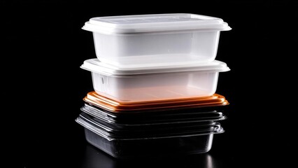 Stack of clear plastic food storage containers with white and orange lids, set against a black background. Concept Clear plastic storage containers, White and orange lids, Stacked arrangement
