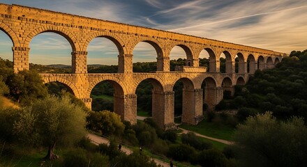Obraz premium Ancient Roman Aqueduct Bridge Landscape.