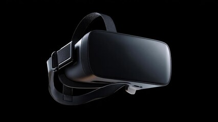 A black virtual reality headset with an adjustable head strap floating against a dark background. Concept Black VR headset, floating, adjustable head strap, dark background, futuristic tech