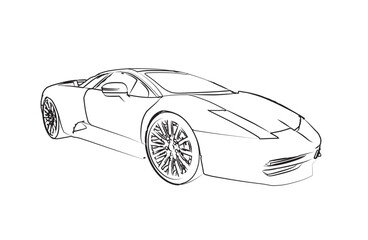 Naklejka premium Sleek Sports Car Line Drawing: Modern Luxury Vehicle Sketch in Perspective, Black Ink Minimal