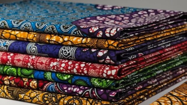 Stack of colorful African wax print fabrics with intricate patterns and vibrant colors.