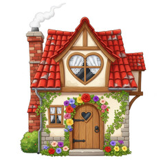 Charming house with red roof and flowers isolated on transparent background