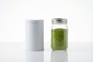 Green matcha tea powder in white tin and glass jar