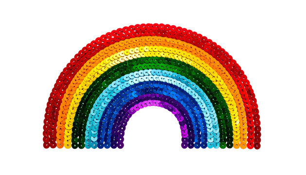 A vibrant rainbow arc, rendered with a sequin-like texture, against a black background