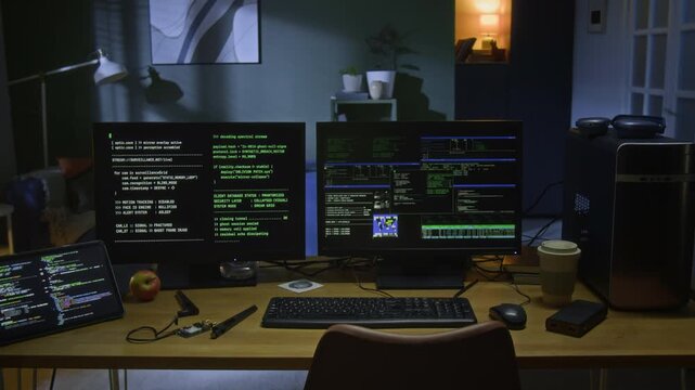 Push in shot of hacker workstation in secret home office with PC and tablet displaying code across multiple monitors during late night breach